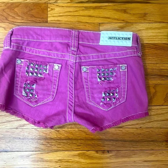 Affliction Women's Denim Shorts VIKKI IRIS PINK Short last pick color true - Picture 3 of 4